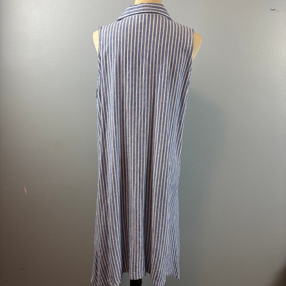 ForCynthia Striped Sleeveless Shirt Button Up Dress Linen Blend Ruched Pocket LG - Picture 2 of 10